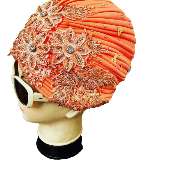 Unbranded Accessories - Orange Stoned Turban Head tie Embellished Embroidered